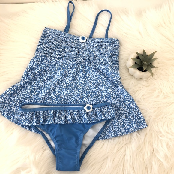 Other - Floral Smocked Swimsuit Swim Flower Ruffle Tankini Blue White Ruffle Girls 6 NEW